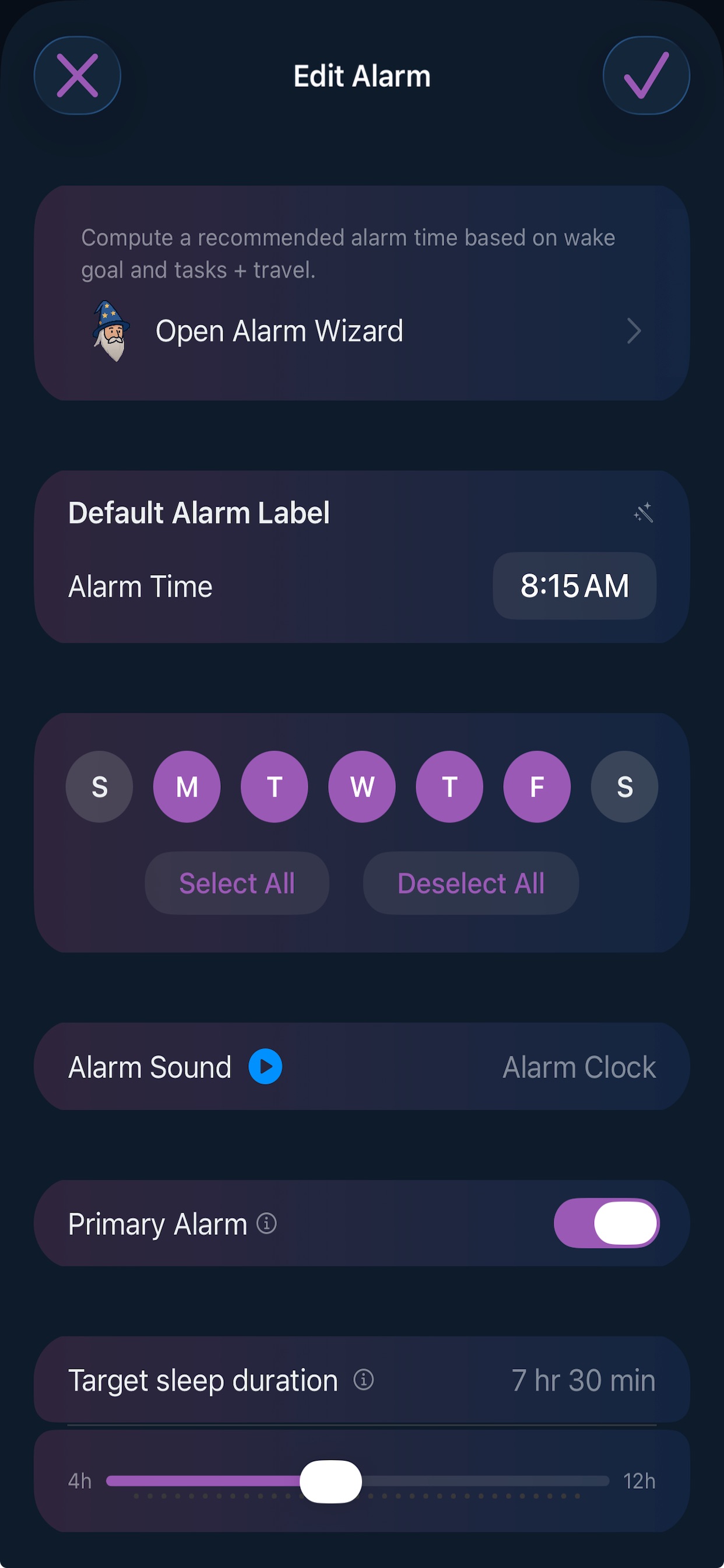 Edit alarm screen with day picker, sound selection, and sleep duration slider