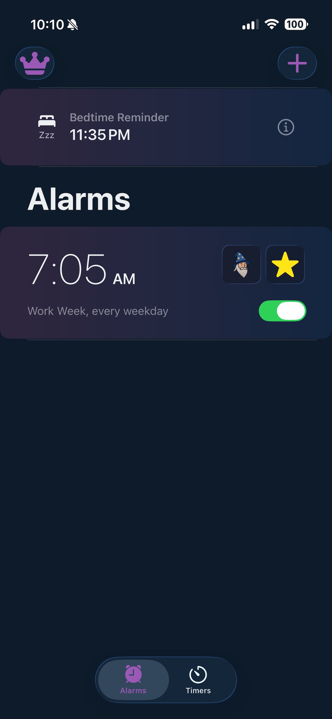 Alarm Wizard main screen showing bedtime reminder and 7:05 AM alarm