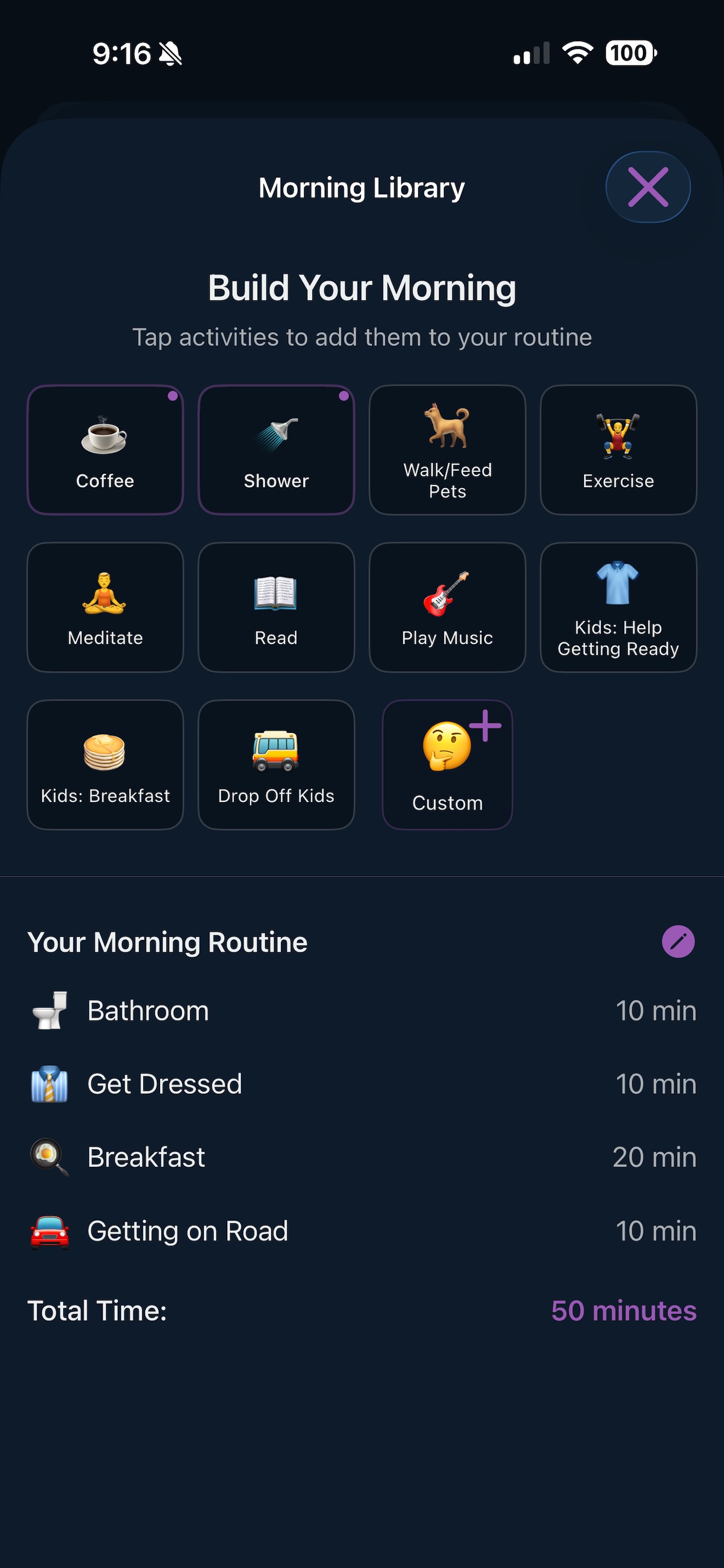 Morning Library with activity grid and routine summary