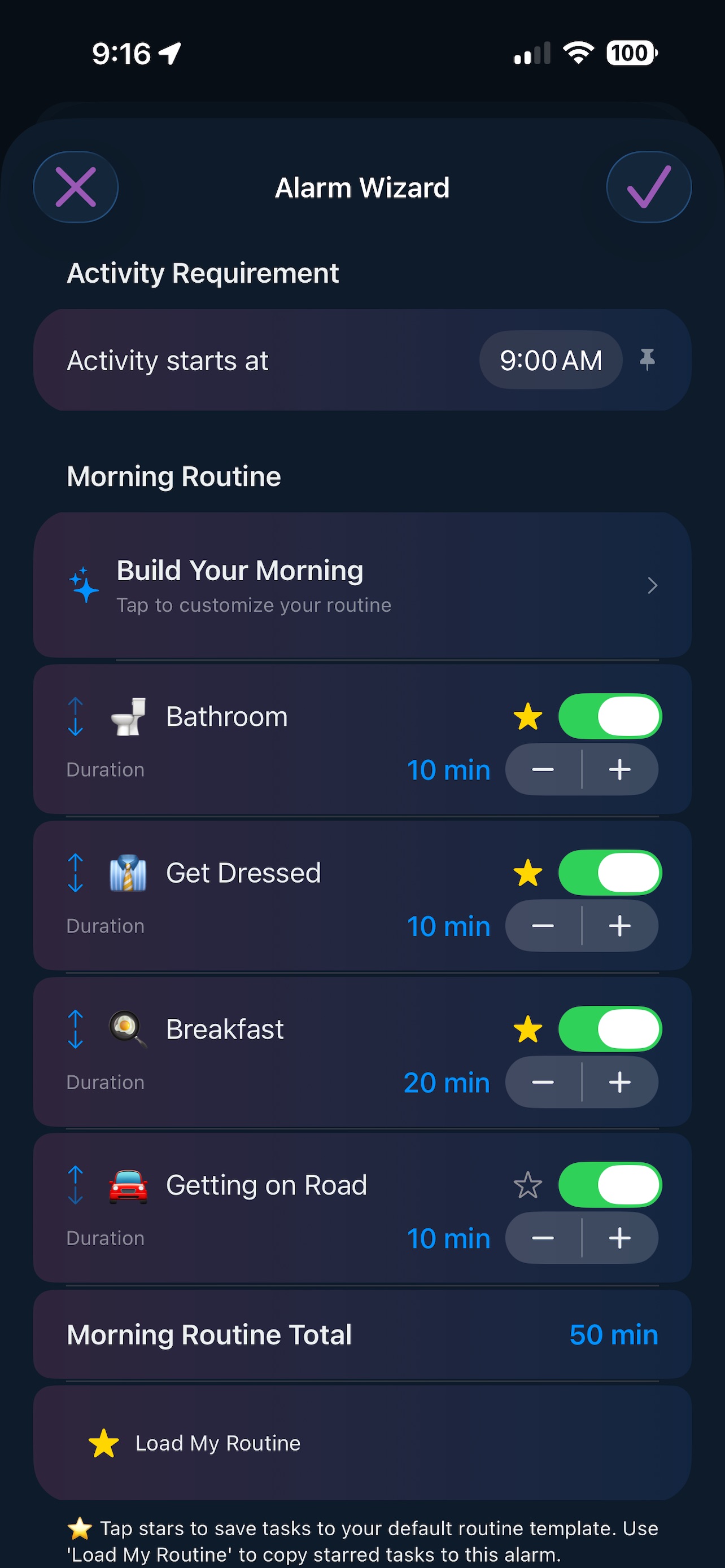 Morning routine with activity durations totaling 50 minutes