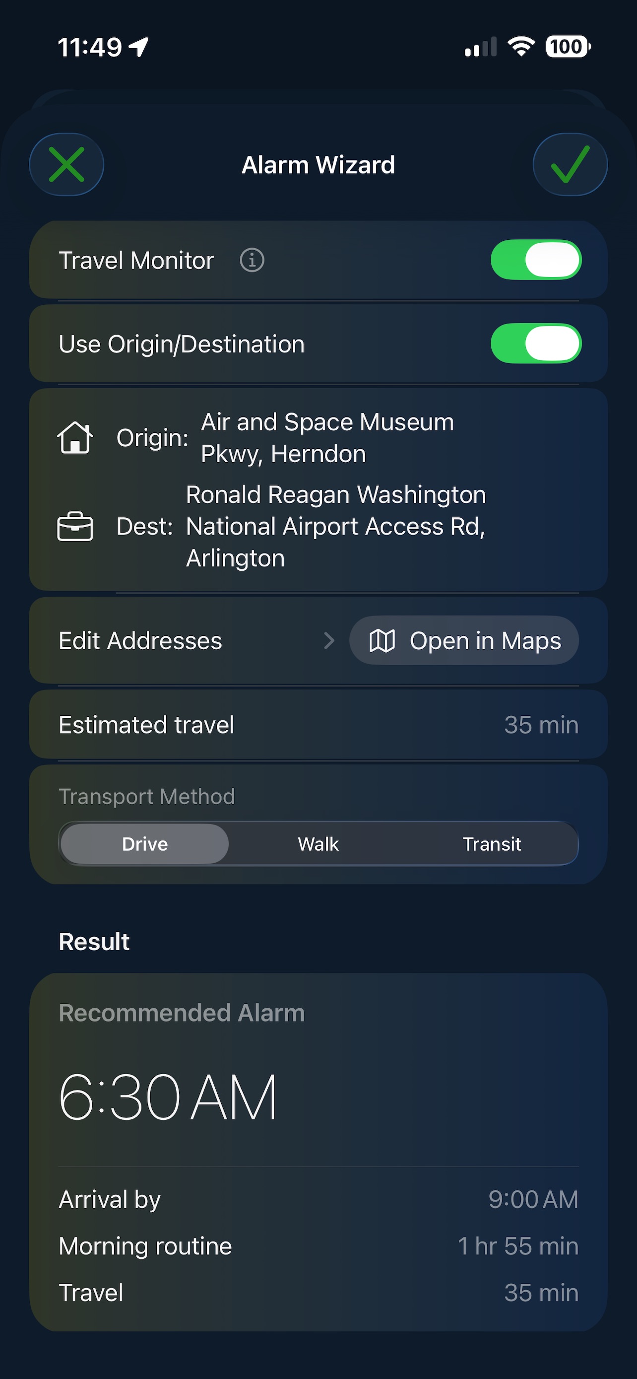 Alarm Wizard showing calculated 6:30 AM recommended alarm based on routine, travel, and arrival time