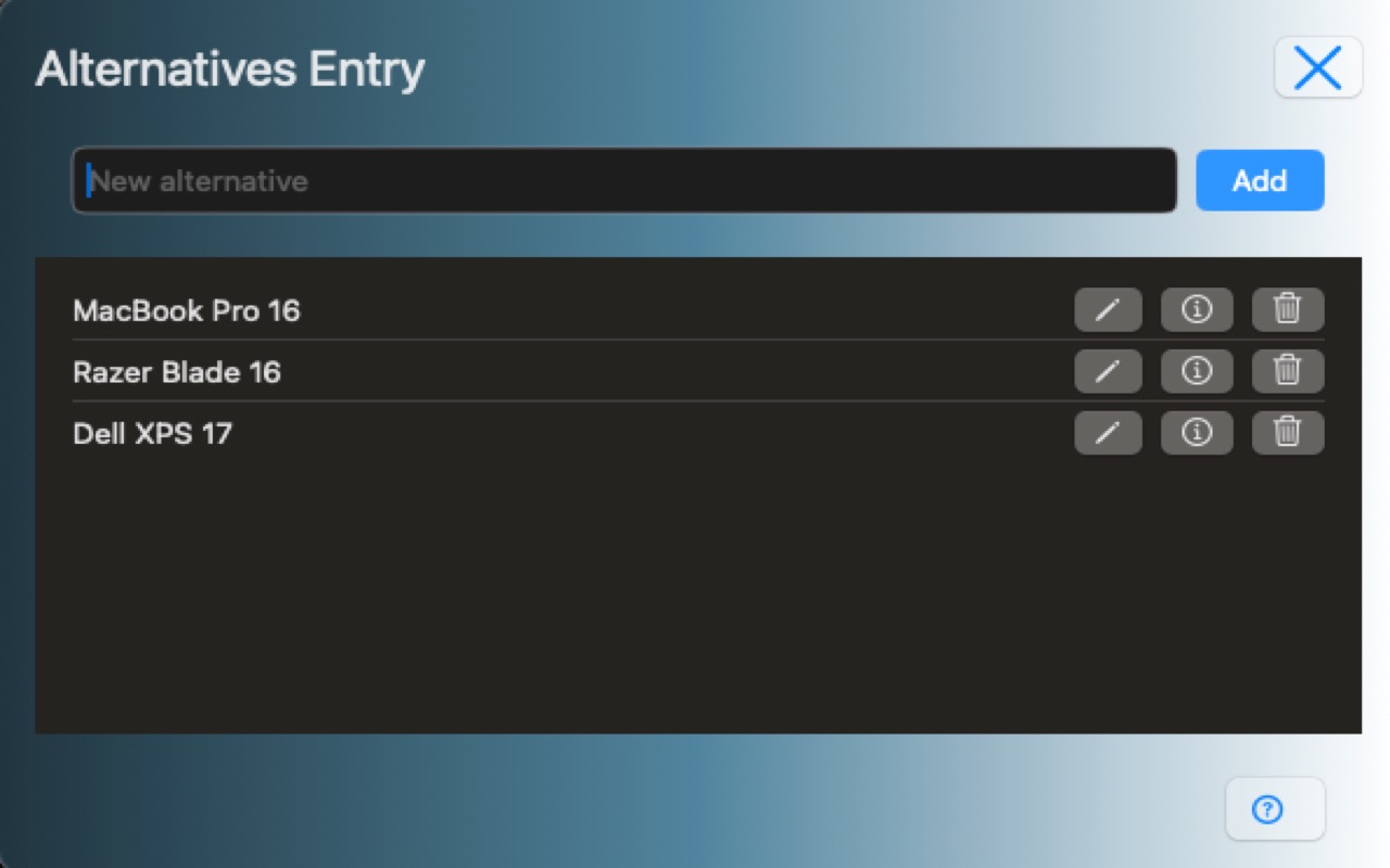 Alternatives entry showing MacBook Pro 16, Razer Blade 16, and Dell XPS 17