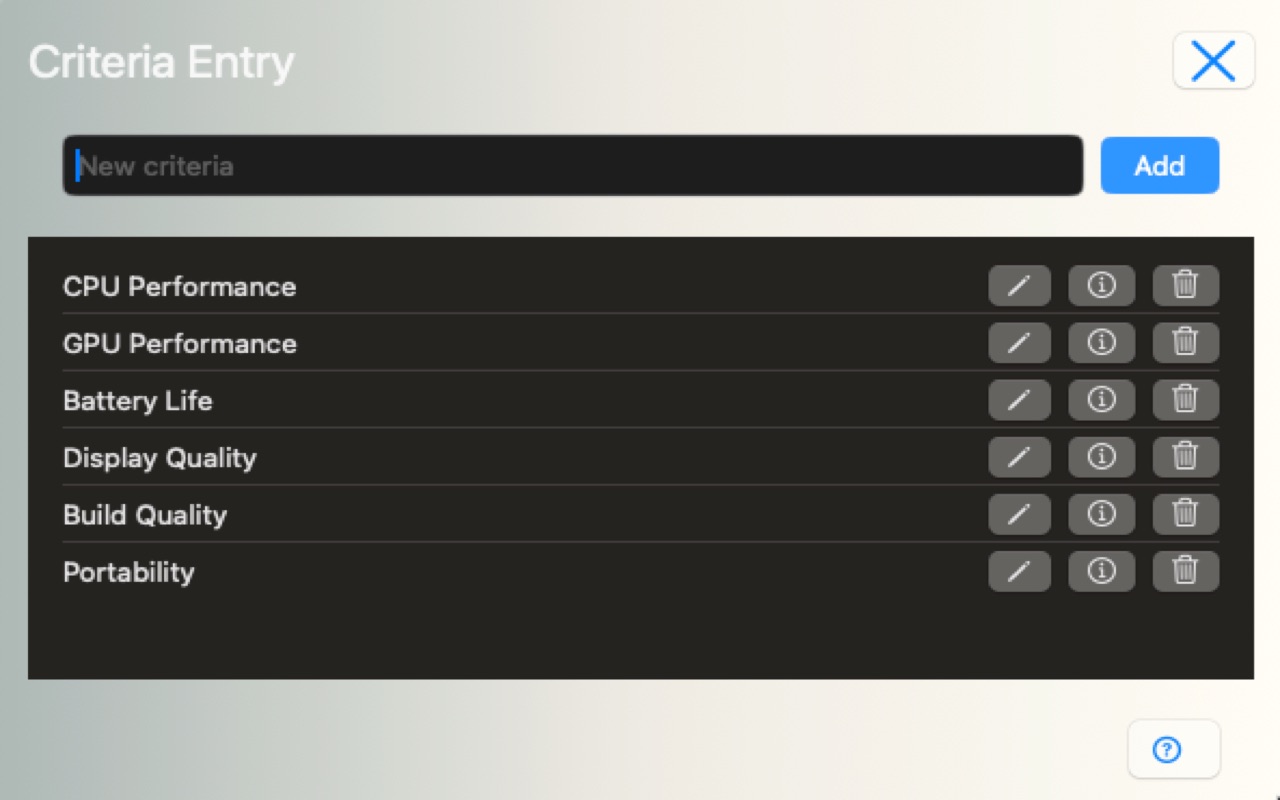 Criteria entry showing CPU Performance, GPU Performance, Battery Life and more