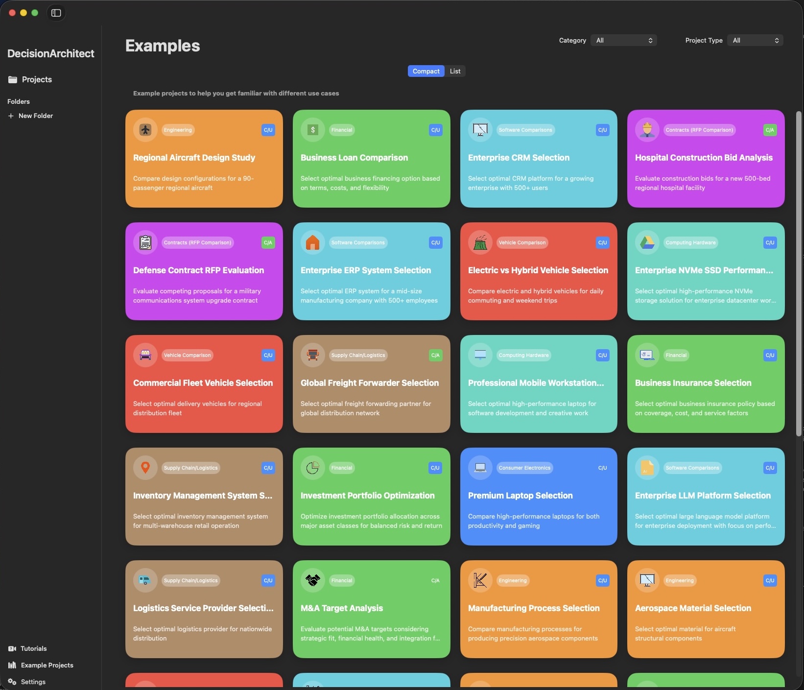 Decision Architect tutorials showing 20+ project templates across engineering, finance, and supply chain domains